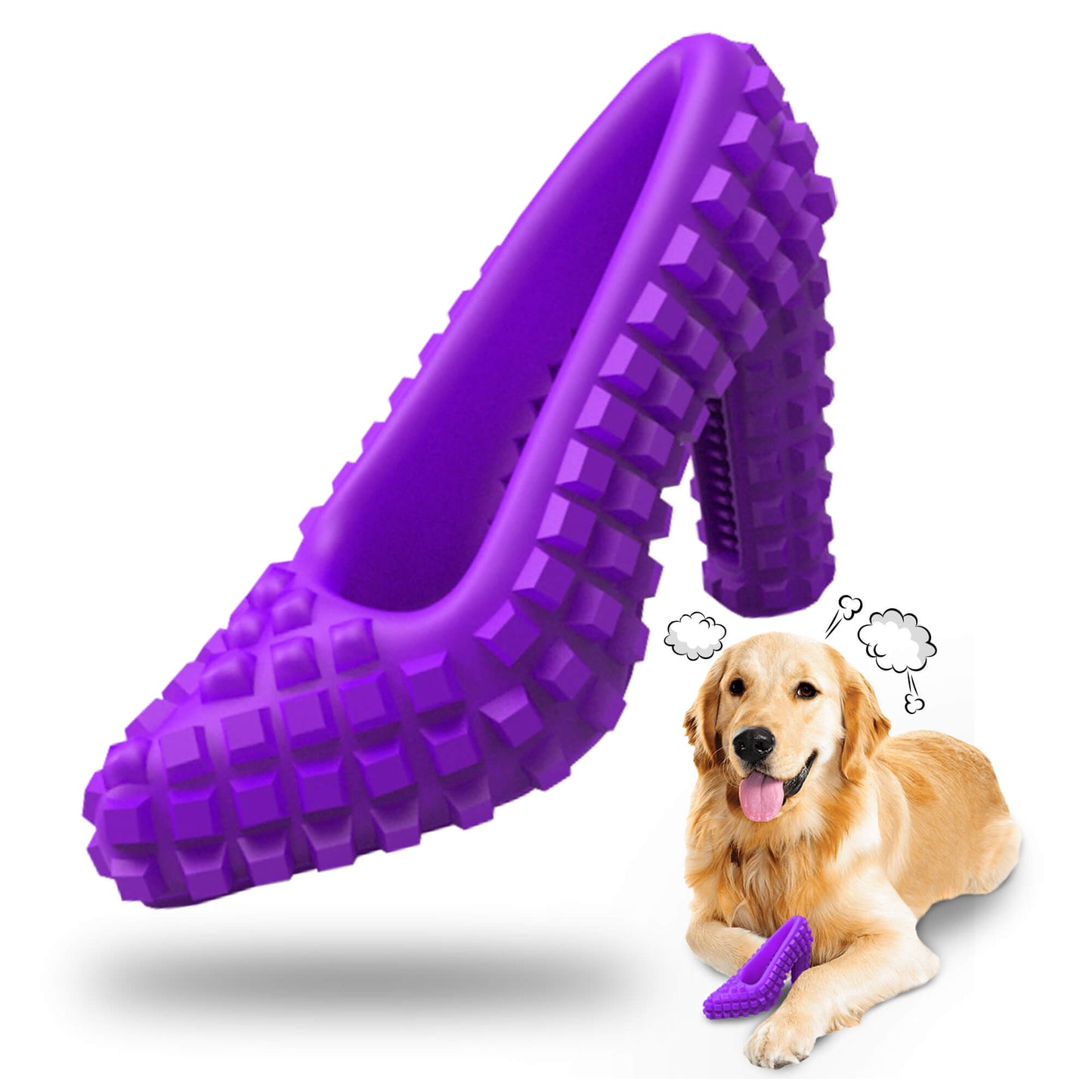 Purple shoe‑shaped rubber dog toy with textured surface, designed as a treat dispenser to engage and clean teeth during chewing, suitable for small to medium aggressive chewers.