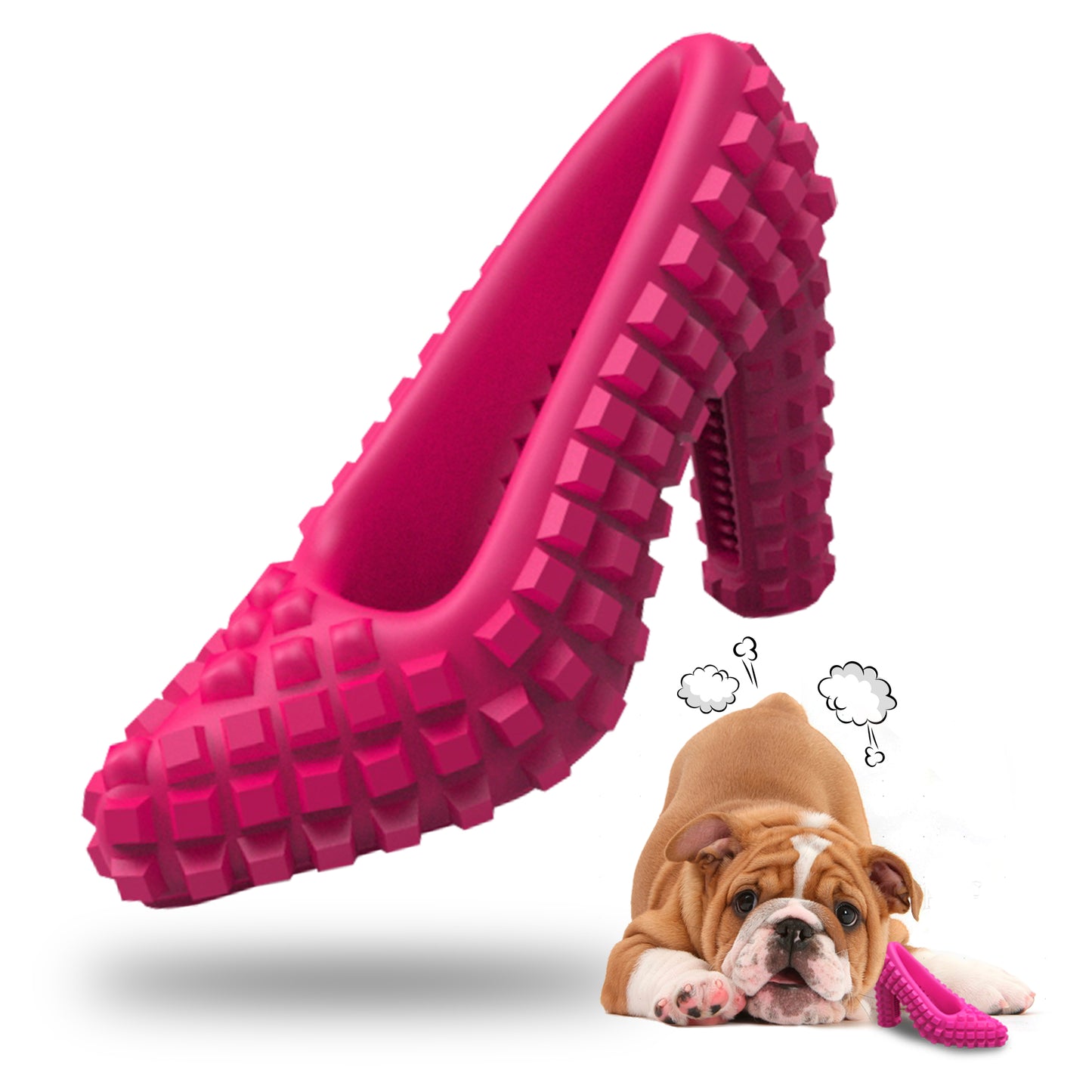 Pink shoe‑shaped rubber dog toy with textured surface, designed as a treat dispenser to engage and clean teeth during chewing, suitable for small to medium aggressive chewers.