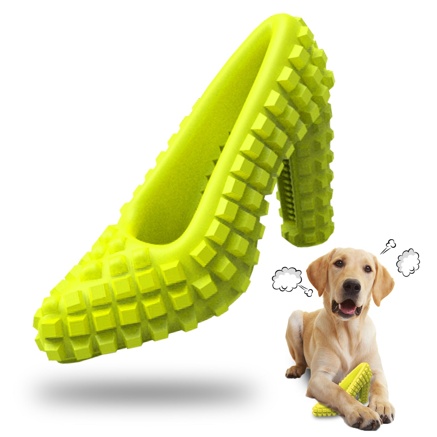 Green shoe‑shaped rubber dog toy with textured surface, designed as a treat dispenser to engage and clean teeth during chewing, suitable for small to medium aggressive chewers.