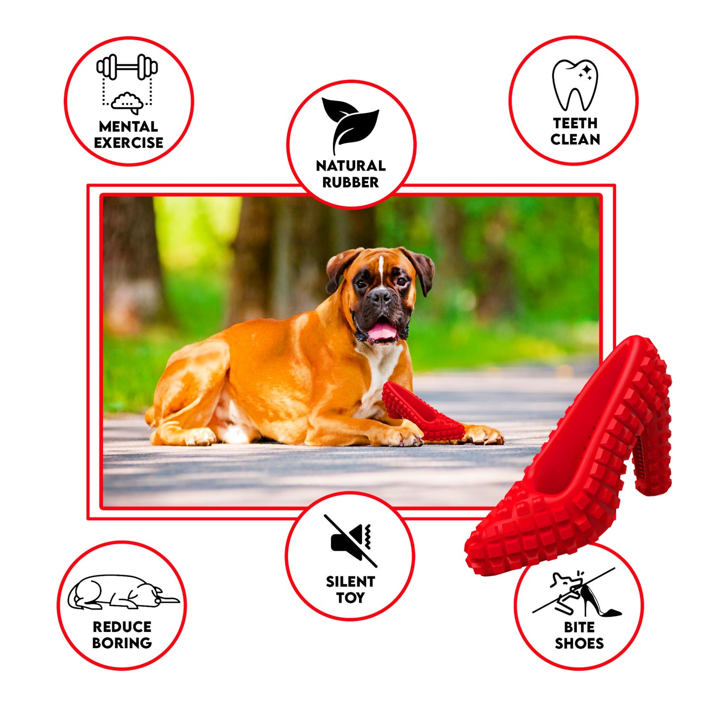 A trio of durable dog chew toys—various shapes in bright colors—made from thick, textured, non‑toxic rubber to engage small and medium dogs, promote dental health, and dispense treats.